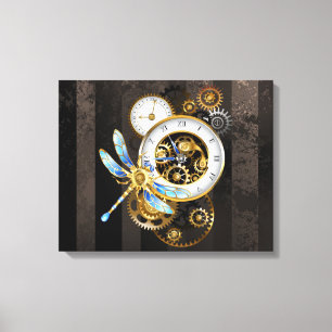 Steampunk Clock with Mechanical Dragonfly Canvas Print