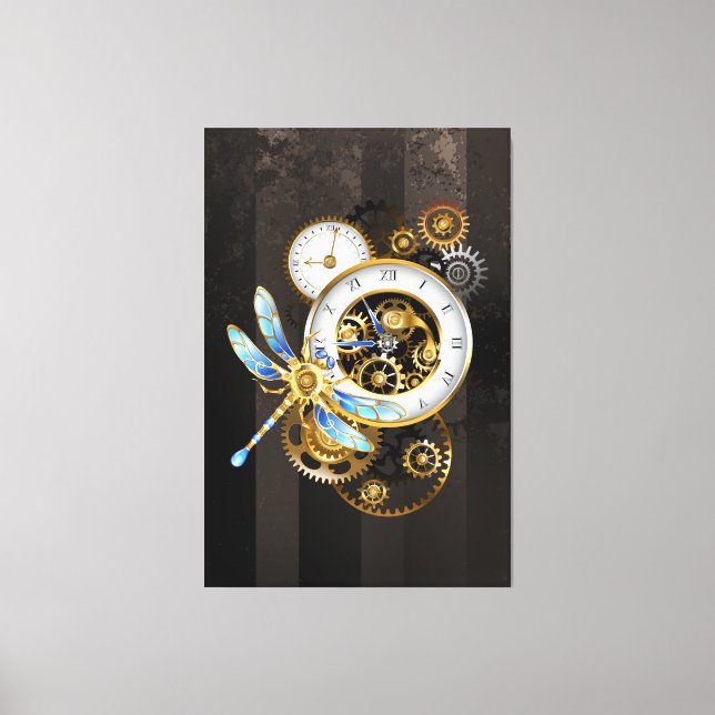 Steampunk Clock with Mechanical Dragonfly Canvas Print (Front)