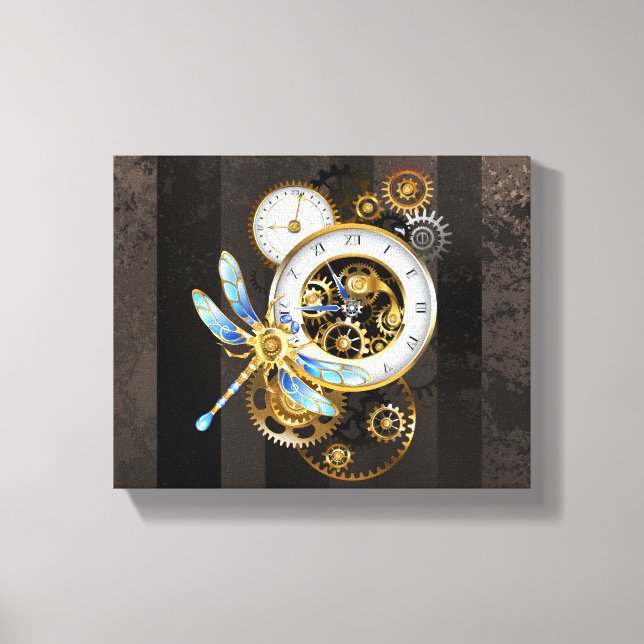 Steampunk Clock with Mechanical Dragonfly Canvas Print (Front)