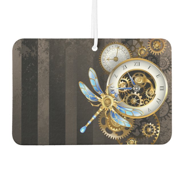Steampunk Clock with Mechanical Dragonfly Car Air Freshener (Front)