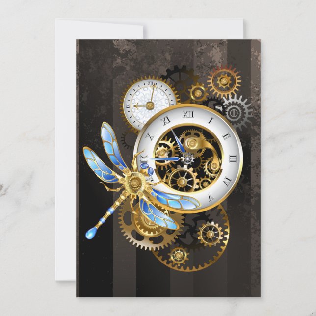 Steampunk Clock with Mechanical Dragonfly Card (Front)