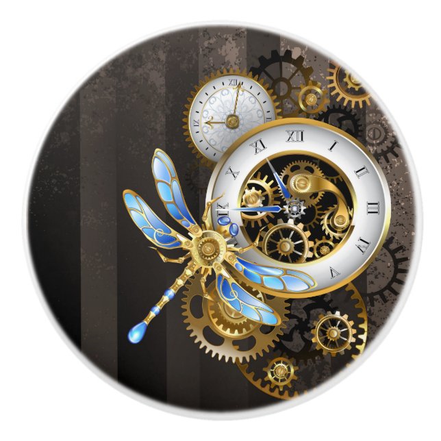 Steampunk Clock with Mechanical Dragonfly Ceramic Knob (Front)