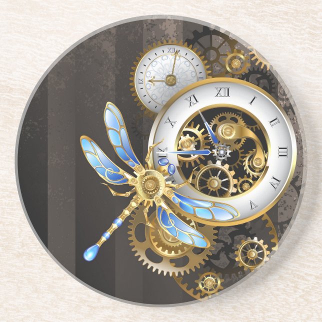 Steampunk Clock with Mechanical Dragonfly Coaster (Front)