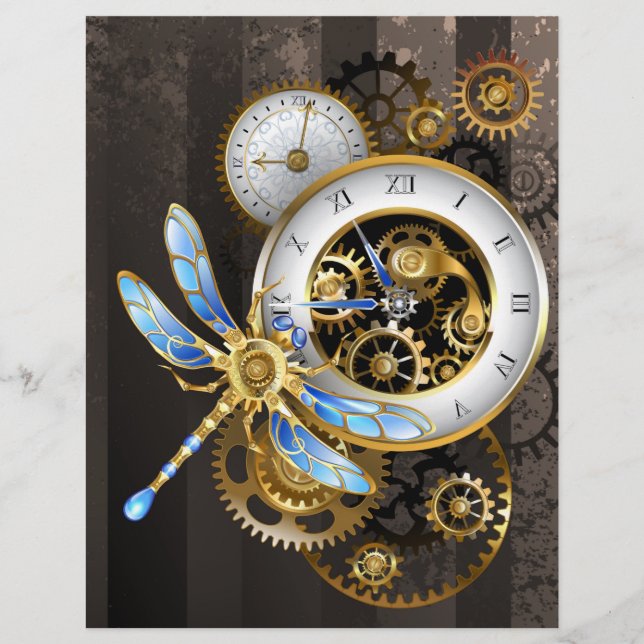 Steampunk Clock with Mechanical Dragonfly Custom Letterhead (Front)