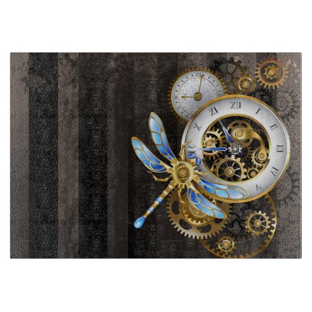 Steampunk Clock with Mechanical Dragonfly Cutting Board (Front)