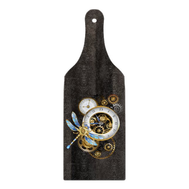 Steampunk Clock with Mechanical Dragonfly Cutting Board (Front)