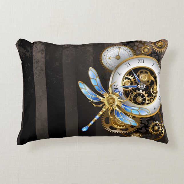 Steampunk Clock with Mechanical Dragonfly Decorative Cushion (Front)