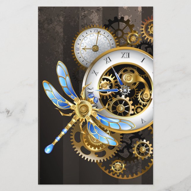 Steampunk Clock with Mechanical Dragonfly Flyer (Front)