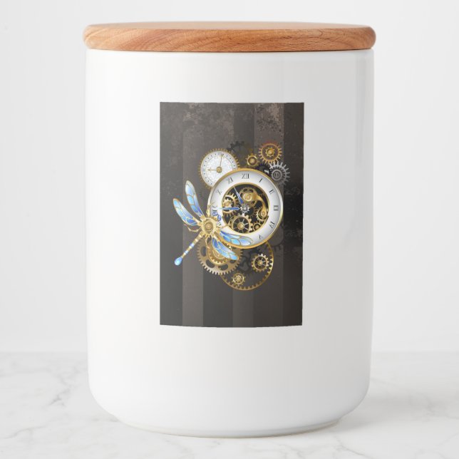 Steampunk Clock with Mechanical Dragonfly Food Label (Front)