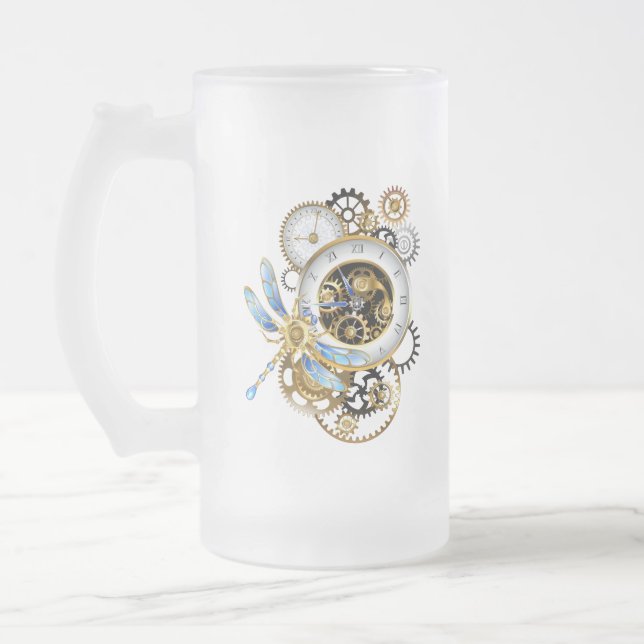 Steampunk Clock with Mechanical Dragonfly Frosted Glass Beer Mug (Left)