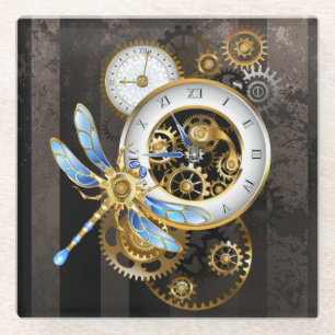 Steampunk Clock with Mechanical Dragonfly Glass Coaster