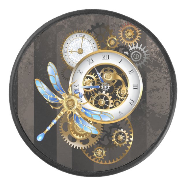 Steampunk Clock with Mechanical Dragonfly Hockey Puck (Front)