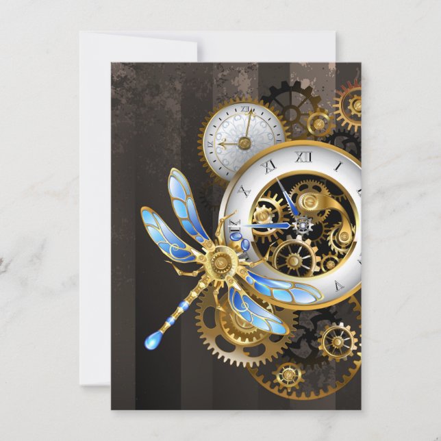 Steampunk Clock with Mechanical Dragonfly Invitation (Front)