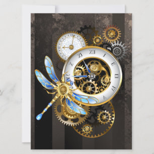 Steampunk Clock with Mechanical Dragonfly Invitation