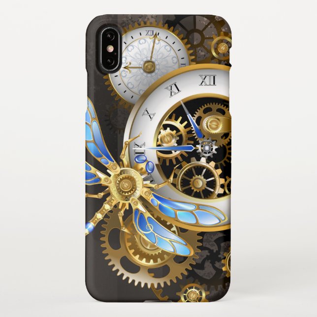 Steampunk Clock with Mechanical Dragonfly iPhone Case (Back)