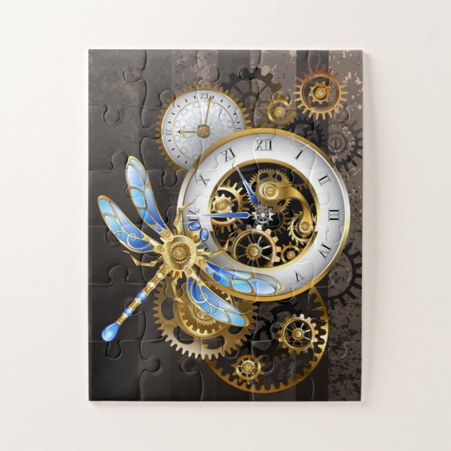 Steampunk Clock with Mechanical Dragonfly Jigsaw Puzzle (Vertical)