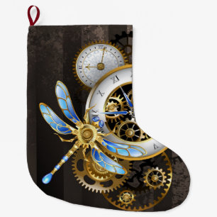 Steampunk Clock with Mechanical Dragonfly Large Christmas Stocking