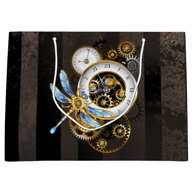 Steampunk Clock with Mechanical Dragonfly Large Gift Bag (Front)