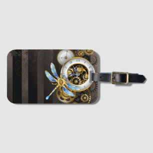 Steampunk Clock with Mechanical Dragonfly Luggage Tag