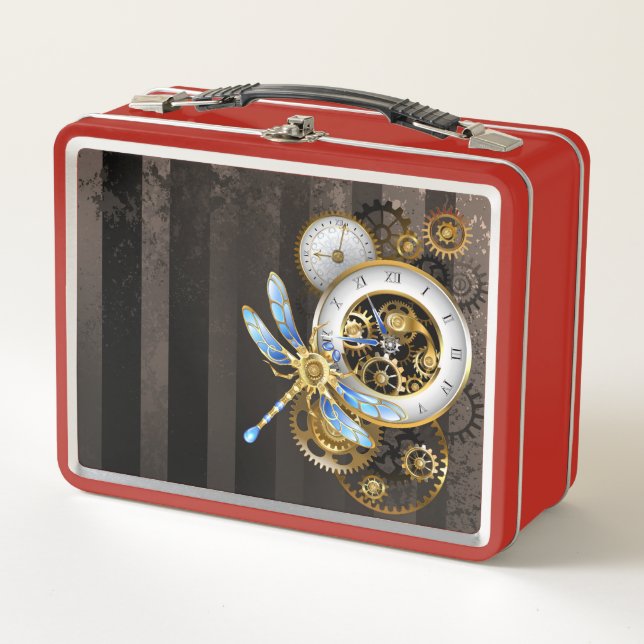 Steampunk Clock with Mechanical Dragonfly Metal Lunch Box (Front)