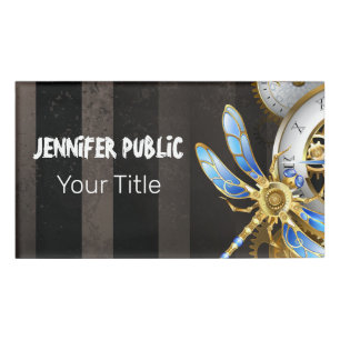 Steampunk Clock with Mechanical Dragonfly Name Tag
