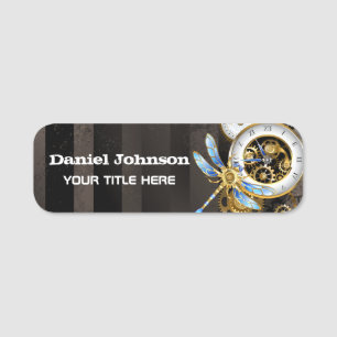 Steampunk Clock with Mechanical Dragonfly Name Tag