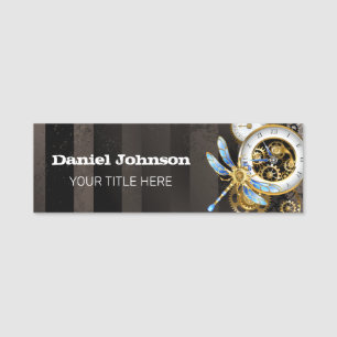 Steampunk Clock with Mechanical Dragonfly Name Tag