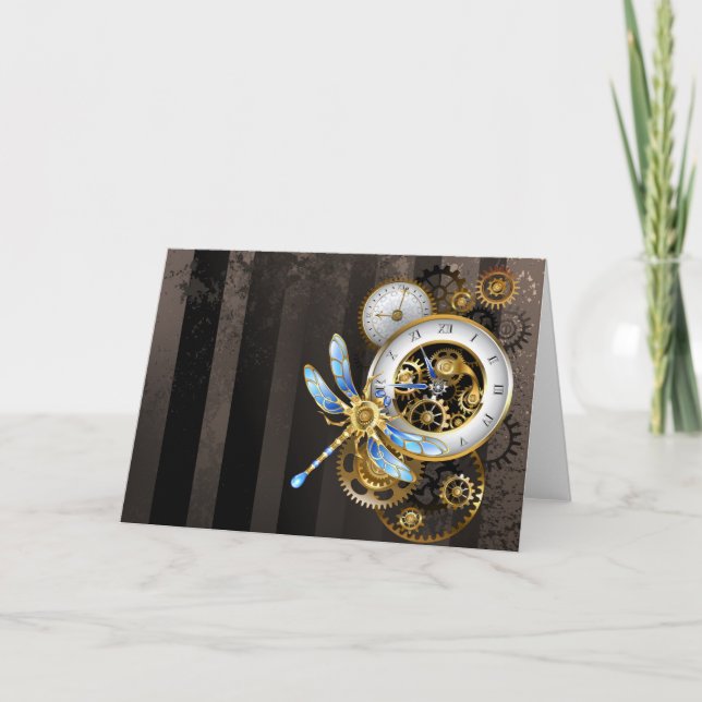 Steampunk Clock with Mechanical Dragonfly Note Card (Front)