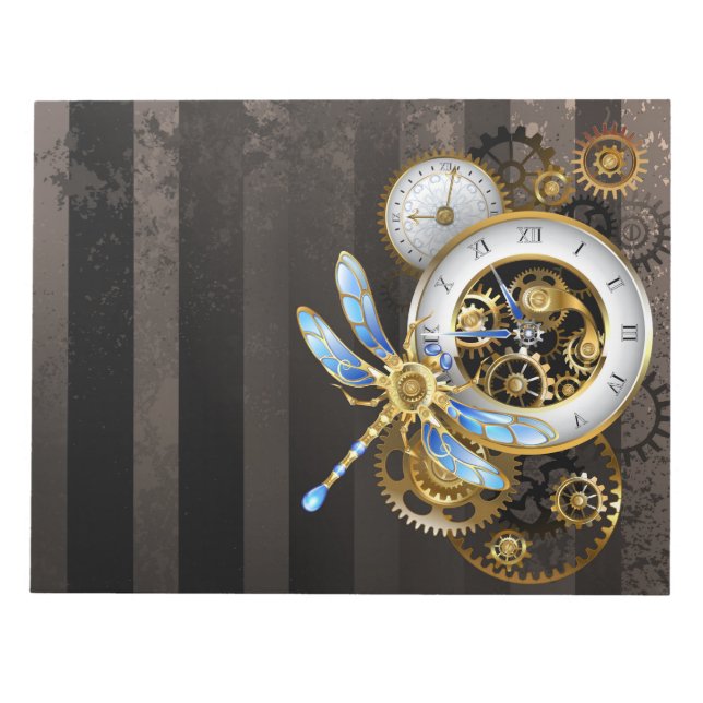 Steampunk Clock with Mechanical Dragonfly Notepad (Front)