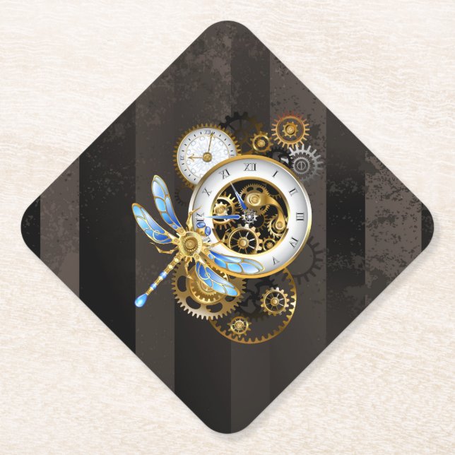 Steampunk Clock with Mechanical Dragonfly Paper Coaster (Front)