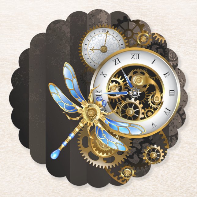 Steampunk Clock with Mechanical Dragonfly Paper Coaster (Front)