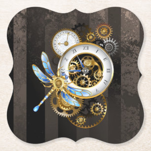 Steampunk Clock with Mechanical Dragonfly Paper Coaster