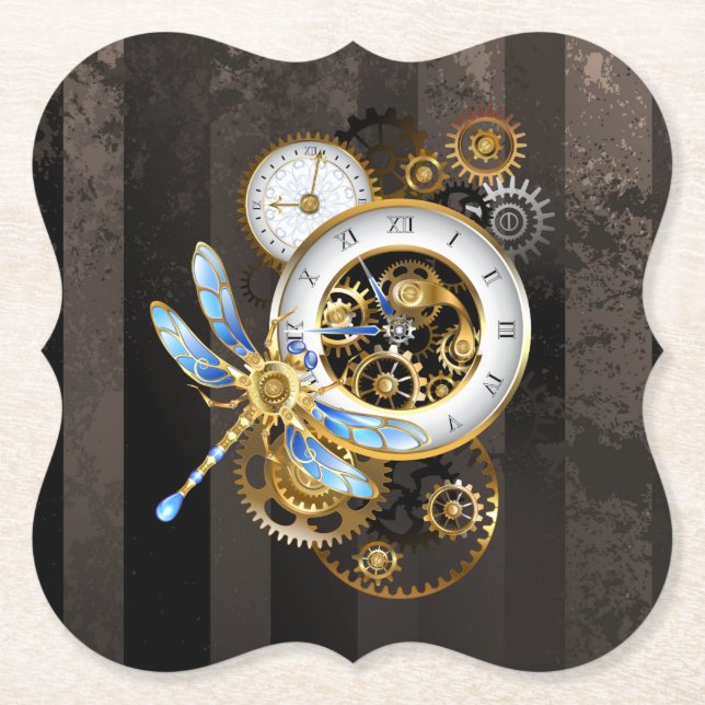 Steampunk Clock with Mechanical Dragonfly Paper Coaster (Front)