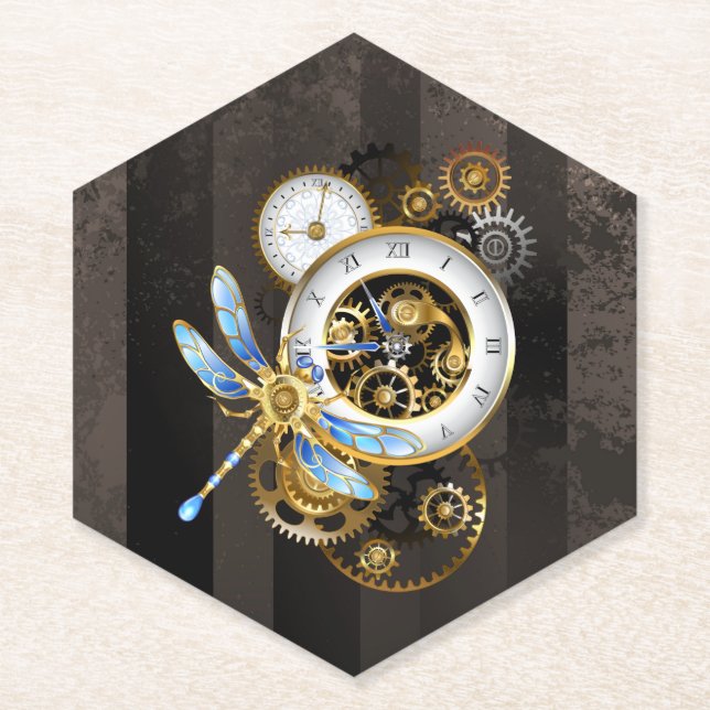Steampunk Clock with Mechanical Dragonfly Paper Coaster (Front)