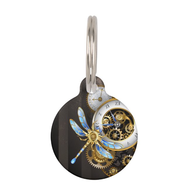 Steampunk Clock with Mechanical Dragonfly Pet Tag (Front)