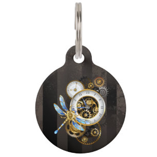 Steampunk Clock with Mechanical Dragonfly Pet Tag