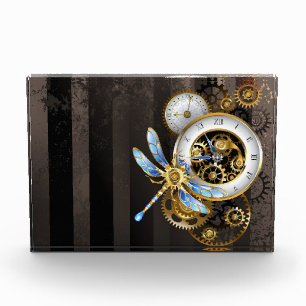 Steampunk Clock with Mechanical Dragonfly Photo Block