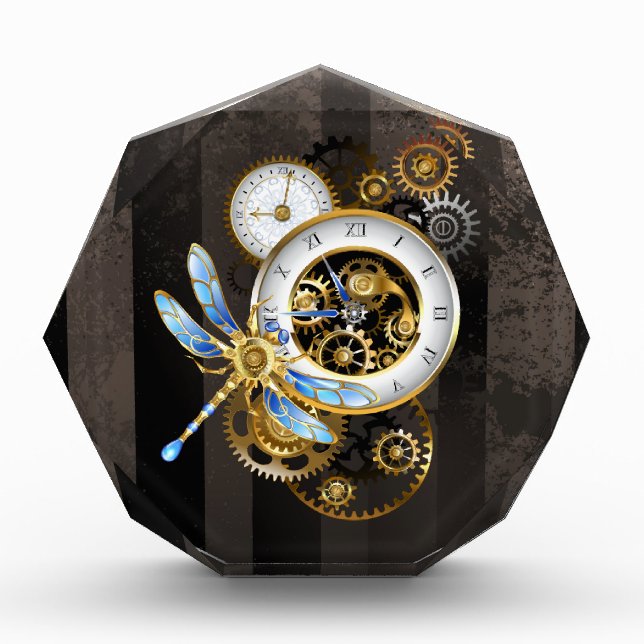 Steampunk Clock with Mechanical Dragonfly Photo Block (Front)