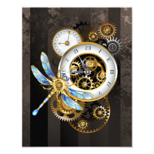 Steampunk Clock with Mechanical Dragonfly Photo Print