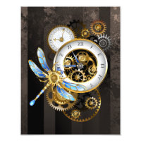 Steampunk Clock with Mechanical Dragonfly