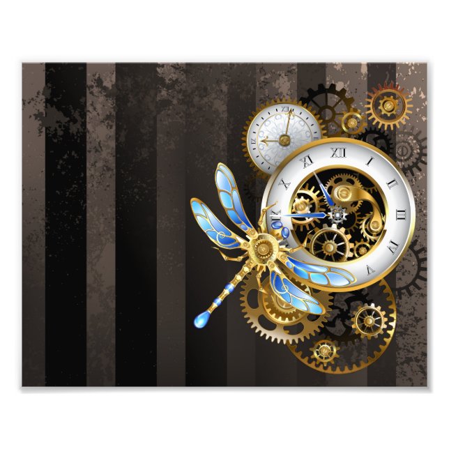 Steampunk Clock with Mechanical Dragonfly Photo Print (Front)