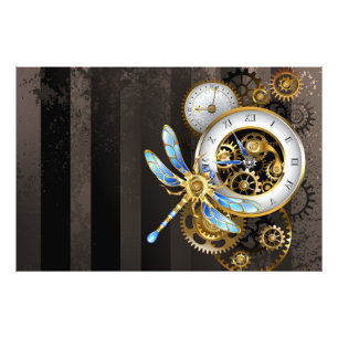 Steampunk Clock with Mechanical Dragonfly Photo Print