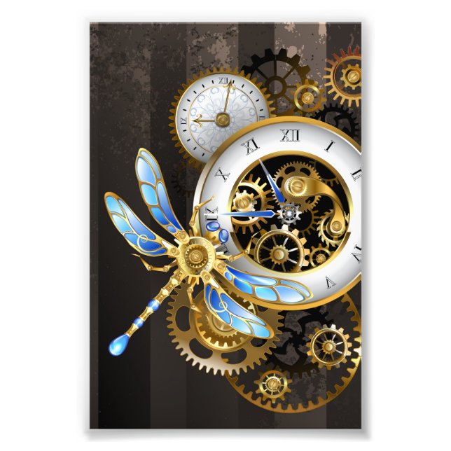 Steampunk Clock with Mechanical Dragonfly Photo Print (Front)