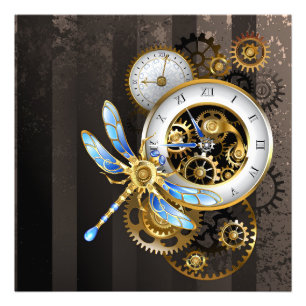 Steampunk Clock with Mechanical Dragonfly Photo Print