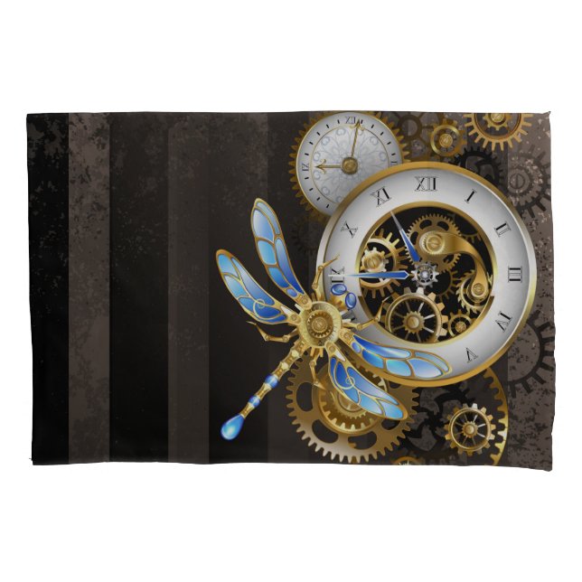 Steampunk Clock with Mechanical Dragonfly Pillowcase (Front-Left)
