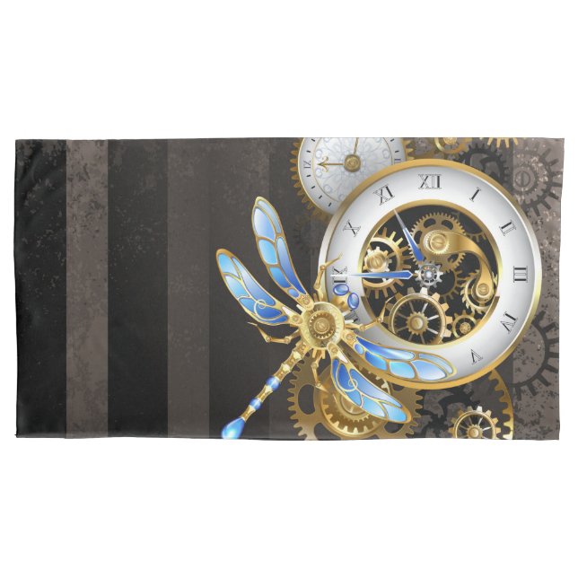 Steampunk Clock with Mechanical Dragonfly Pillowcase (Front-Left)
