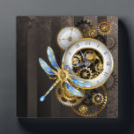 Steampunk Clock with Mechanical Dragonfly Plaque<br><div class="desc">Antique dials with gold and brass gears,  decorated with mechanical dragonfly on brown,  striped background. Steampunk.</div>
