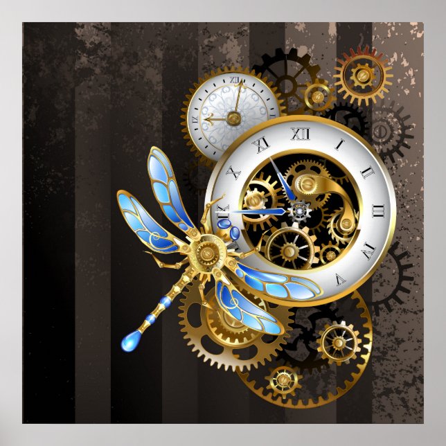 Steampunk Clock with Mechanical Dragonfly Poster (Front)