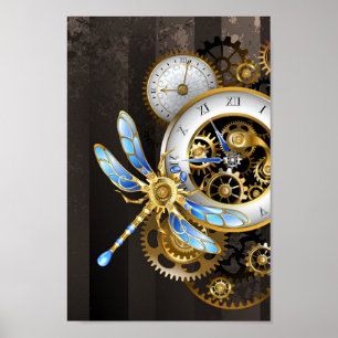 Steampunk Clock with Mechanical Dragonfly Poster