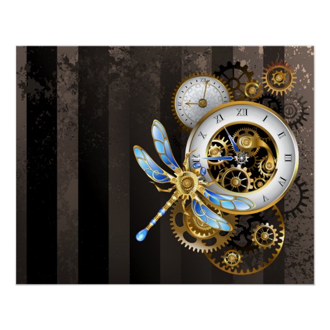 Steampunk Clock with Mechanical Dragonfly Poster (Front)